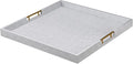 20x20 Inches Large Silver Faux Leather Wrapped Wood Ottoman Tray with Handles for All Occasions, Serving Food Breakfast On Bed, Home Decor Decorative, Living Room,Square Coffee Table Organizer