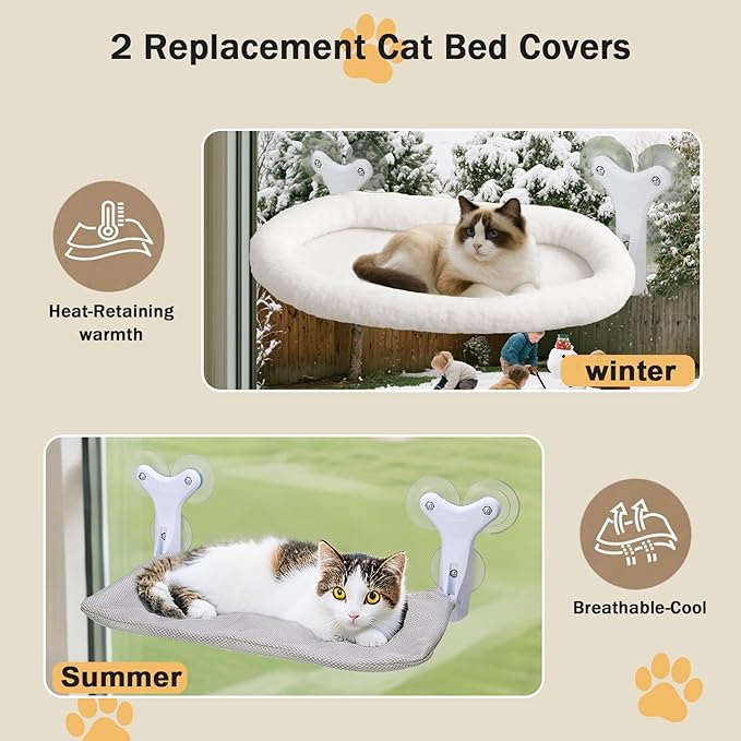 Cat Window Perch with 6 Strong Suction Cups,Includes Summer and Winter Removable Cushion - No Drill Installation,50LBS Support Foldable Cordless Cat Beds for Indoor Cats(Medium)