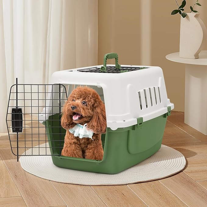 MoNiBloom 22-Inch Dog Crate Plastic 2-Door Top Loading Cat Carrier, Hard-Sided Dog Travel Carrier for Small Dogs and Cats, Ventilation and Security Lock Design for Pets up to 22 lbs (Green)
