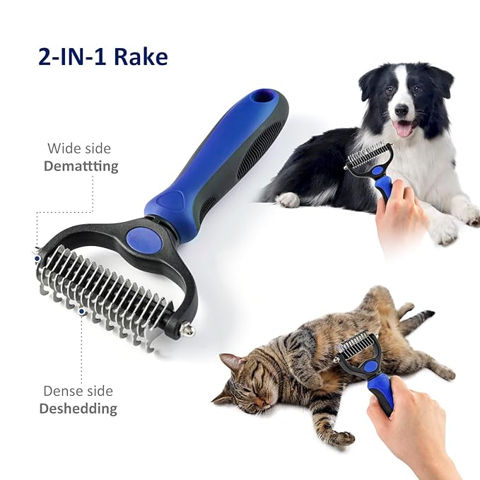 WePet Grooming Rake for Dogs & Cats, Double-Sided Deshedding Brush, Extra-Wide Dematting Tool, Slicker Comb for Undercoat & Loose Hair Removal, Reduces Shedding by 95%, Blue, Small
