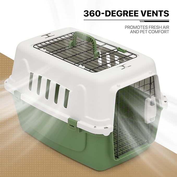 MoNiBloom 22-Inch Dog Crate Plastic 2-Door Top Loading Cat Carrier, Hard-Sided Dog Travel Carrier for Small Dogs and Cats, Ventilation and Security Lock Design for Pets up to 22 lbs (Green)