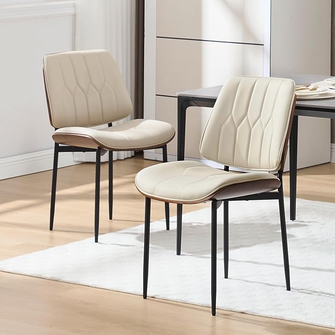 BV Mid Century Modern Dining Chairs Set of 2, Upholstered Pu Leather Accent Chair with Walnut Bentwood Back, Armless Kitchen Retro Chair for Dining Room, Living Room, Kitchen, Beige