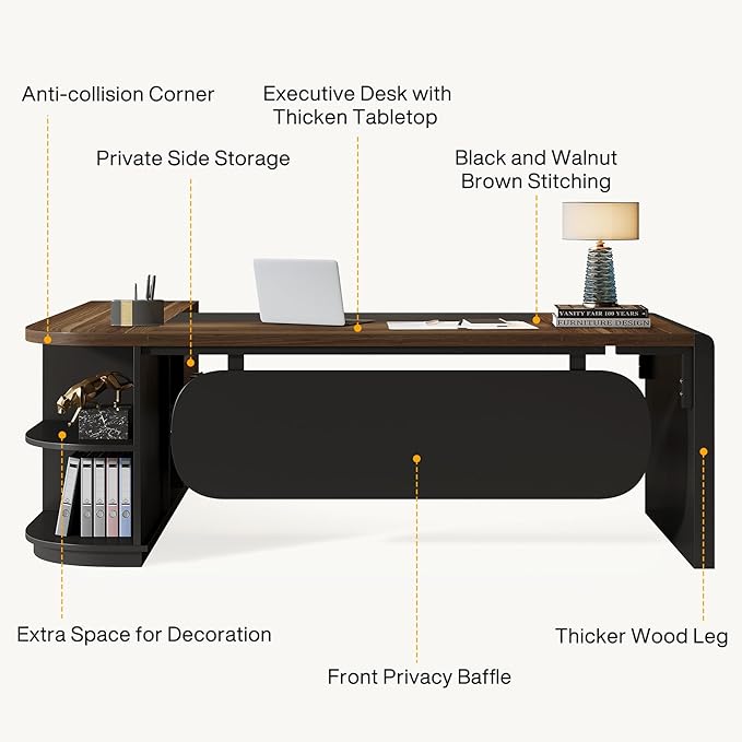 Tribesigns 80'' L-Shaped Desk, Large Executive Office Desk with 55'' Drawers Cabinet, Modern Commercial Office Table with Storage Shelves, Business Furniture for Home Office, Brown & Black