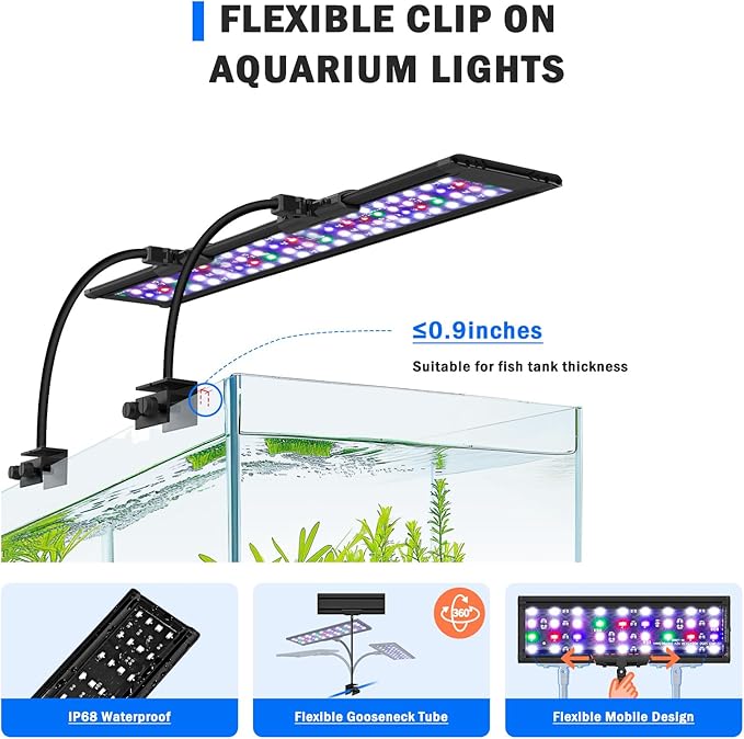 AQQA LED Aquarium Light, 24/7 Mode Clip on Fish Tank Light with Memory Function, DIY Mode Full Spectrum Aquarium Plant Light, Adjustable Timer/Brightness, IP68 Waterproof for 32-40 Inch Fish Tank 30W