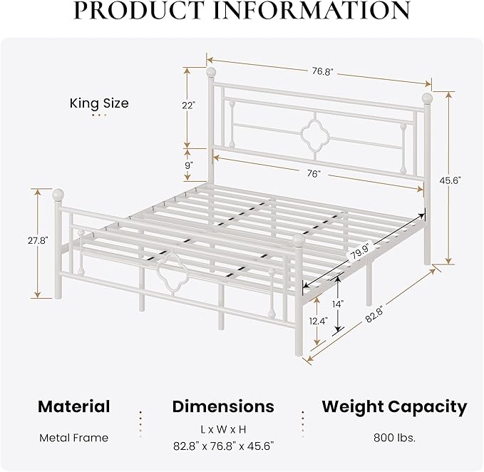 SHA CERLIN 14 Inches King Size Metal Platform Bed Frame/Vintage Iron-Art Headboard and Footboard/Mattress Foundation for Storage/No Box Spring Needed/Noise-Free/Easy Assembly/White