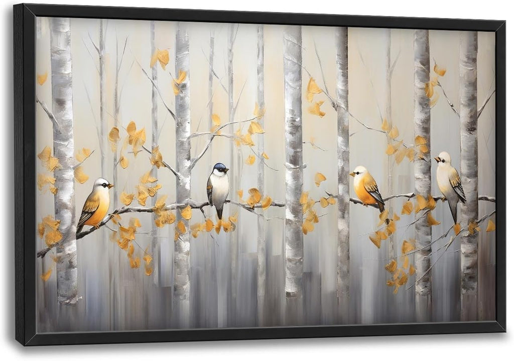Quorin Bird Large Wall Art Abstract Forest Birds Pictures Wall Decor Yellow Woods Branches Tree Canvas Print Painting Artwork for Bathroom Living Room Bedroom 36L x 24W