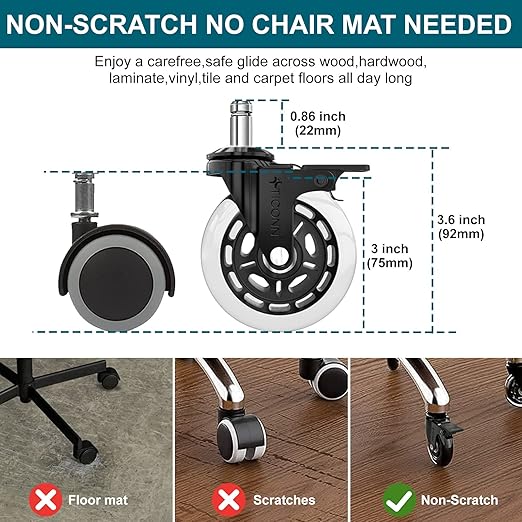 TICONN Office Chair Caster Wheels Set of 5 for Tile, Hardwood Floors and Carpets, Universal Fit for Most Chairs (Transparent with Brake)