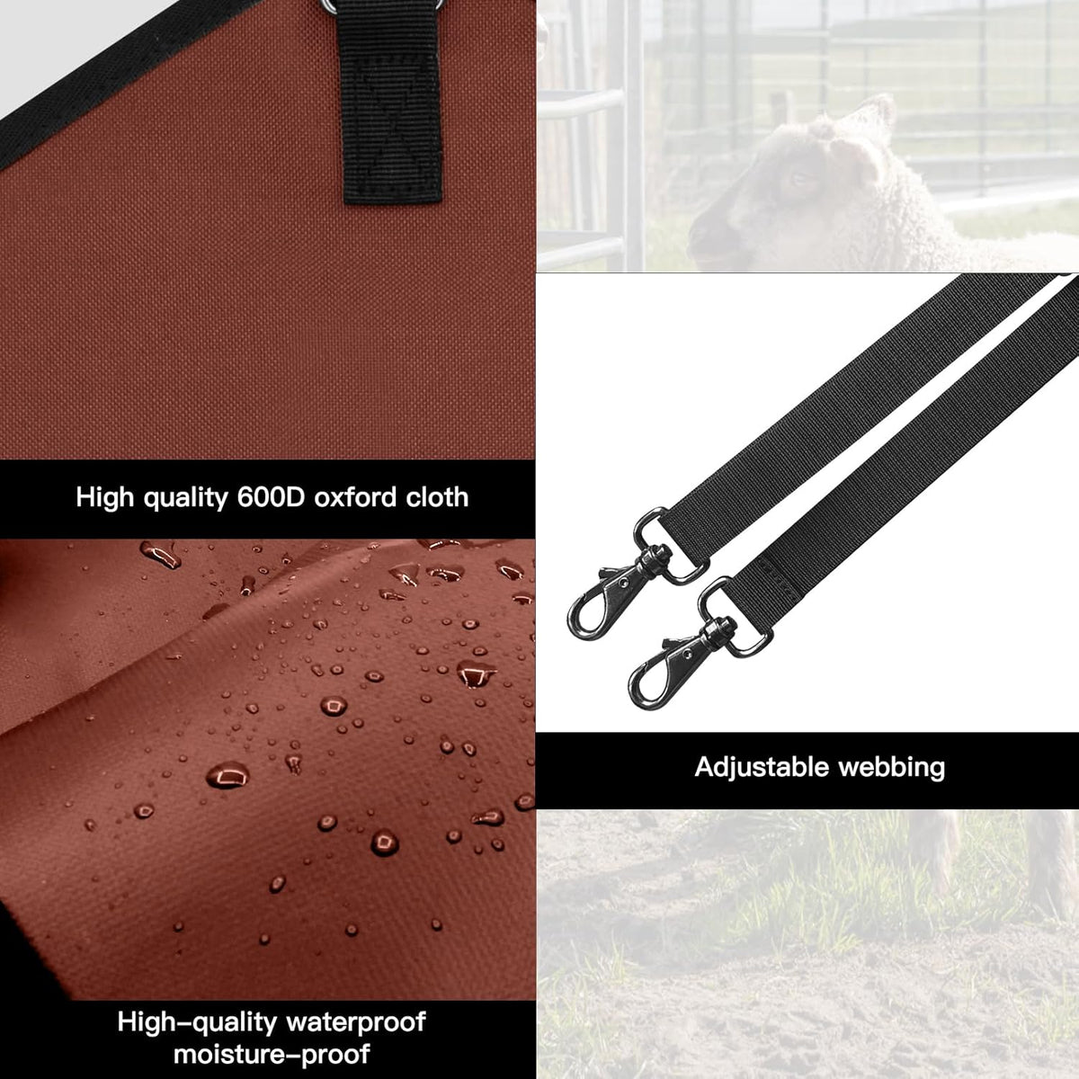 3 Packs Goat Hay Feeder,Hay Bags for Goats,Horses,Sheep,Premium 600D Oxford Cloth,with Metal Fastener and Adjustable Open Feed Hole for Slow Feeding. (2Brown + 1Black)