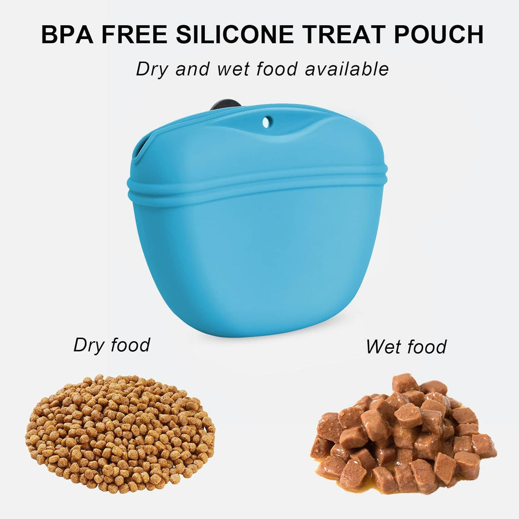 Left&Right Dog Clicker Training Kit,Silicone Dog Training Treat Pouch and Dog Clickers,Dog Treat Bag with Clicker Training for Dogs,Pet Treat Bag with Magnetic Buckle Closing and Waist Clip,Sky Blue
