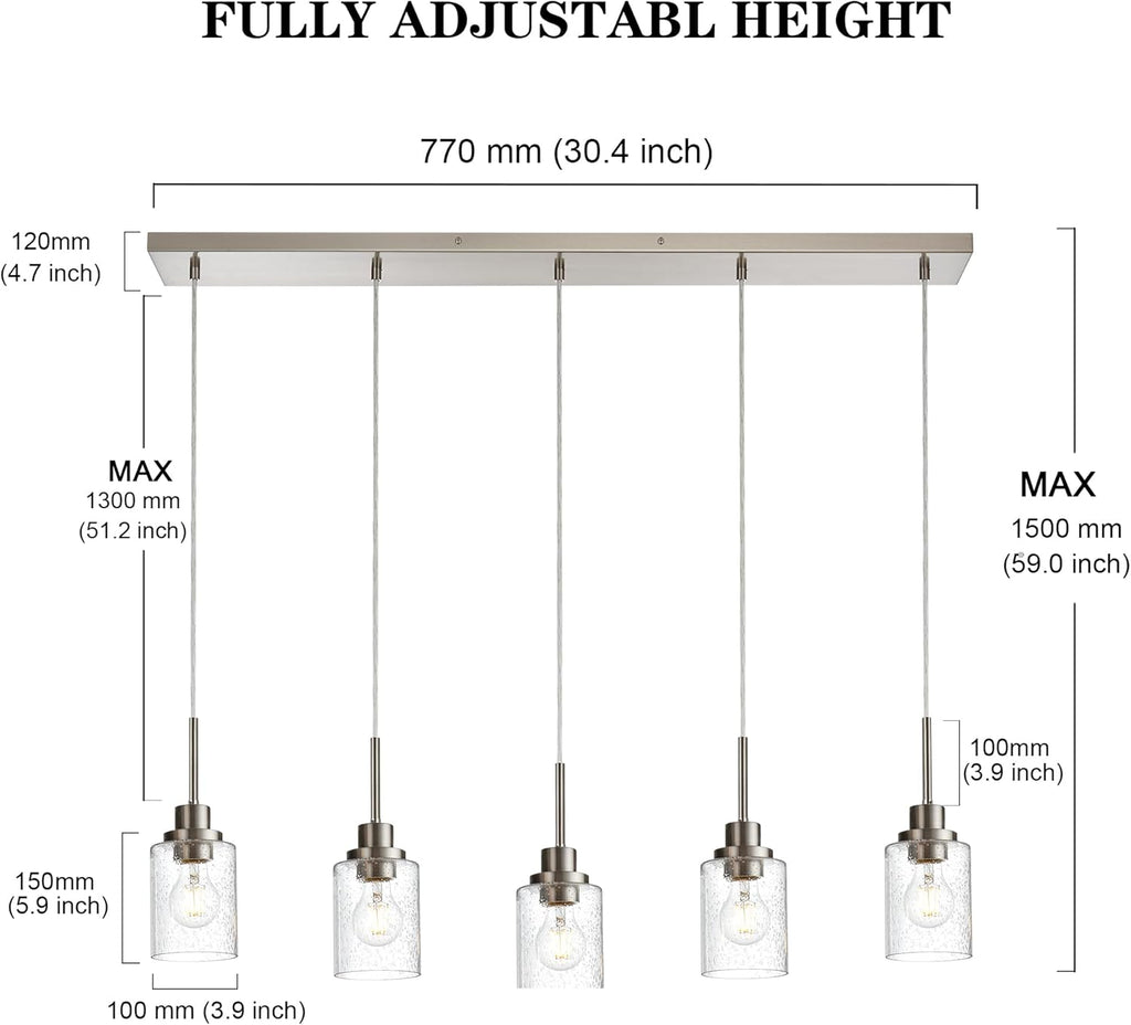 Lighting Contemporary Brushed Nickel Linear Chandelier Pendant Light 5 Lights Clear Seeded Glass Farmhouse Pendant Lighting Modern Dining Room Light Fixture for Living Room Kitchen Island