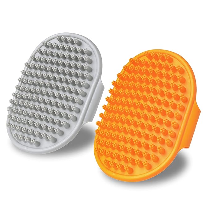 Dog Bath Brush, 2 Pcs Short Hair Grooming Brush for Dogs & Cats - Soothing Massage Rubber Bristles Curry Comb with Adjustable Handle