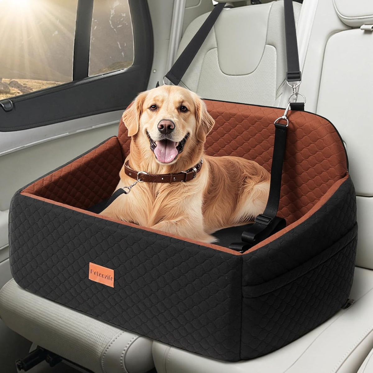 Dog Car Seat for Large Medium Dogs, Pet Car Seat Under 55 lbs or 2 Puppies, Removable Washable Pets Travel Booster Bed for Automotive Backseat with Comfy Thick Cushion, 2 Safety Leashes(Black/Brown)