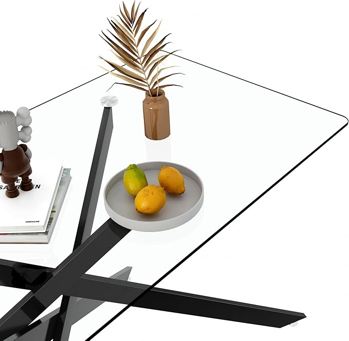 60" Glass Dining Table Modern Kitchen Table for 4-6 People, Contemporary Rectangular Dining Room Dinner Tables with Clear Glass Top & Black Metal X Legs for Kitchen Apartment