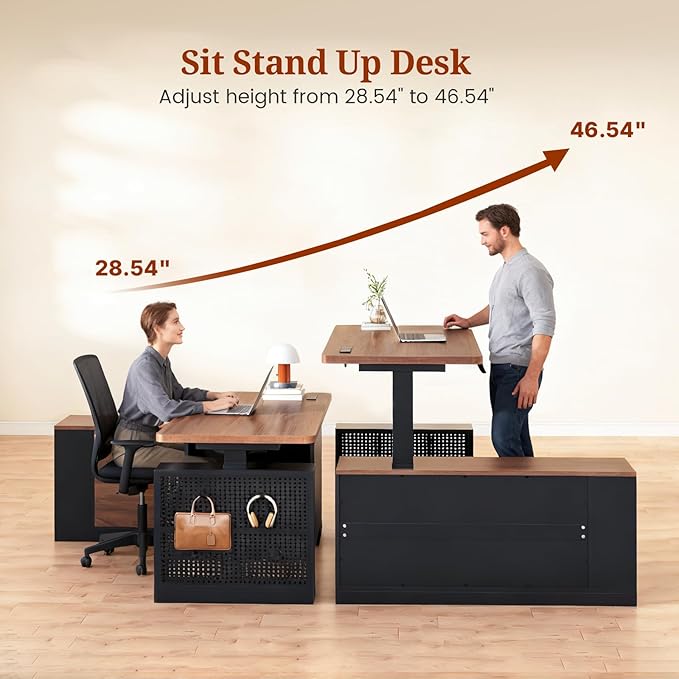 L Shaped Standing Desk Adjustable Height, 53" Electric Office Desk with File Drawers & Storage Shelves, Sit Stand Corner Computer Desk with Power Outlets, Pegboard, 6 Hooks, Black & Walnut