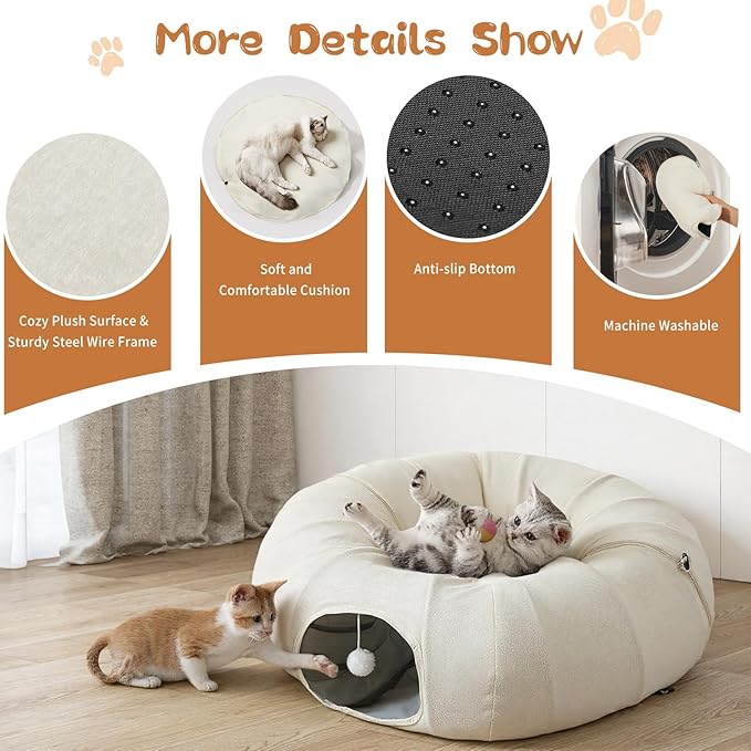 Pawaboo 2-in-1 Cat Tunnel Bed for Indoor Cats, 8-Shaped Large Cat Tunnels with Plush Cushions, Foldable Cats Cave Hideout Kitty Toys with Fluffy Balls, Donut Tunnel for Kitten Rabbit Ferret,Beige