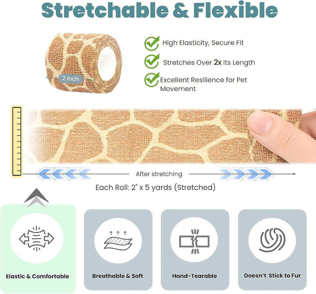Pet Bandage 6 Rolls, Adhesive Bandage, Self Adhesive Bandage, First Aid Adhesive Gauze, for Horses, Dogs,Cats, Birds, Animals (Animals, 2 Inch (Pack of 6))