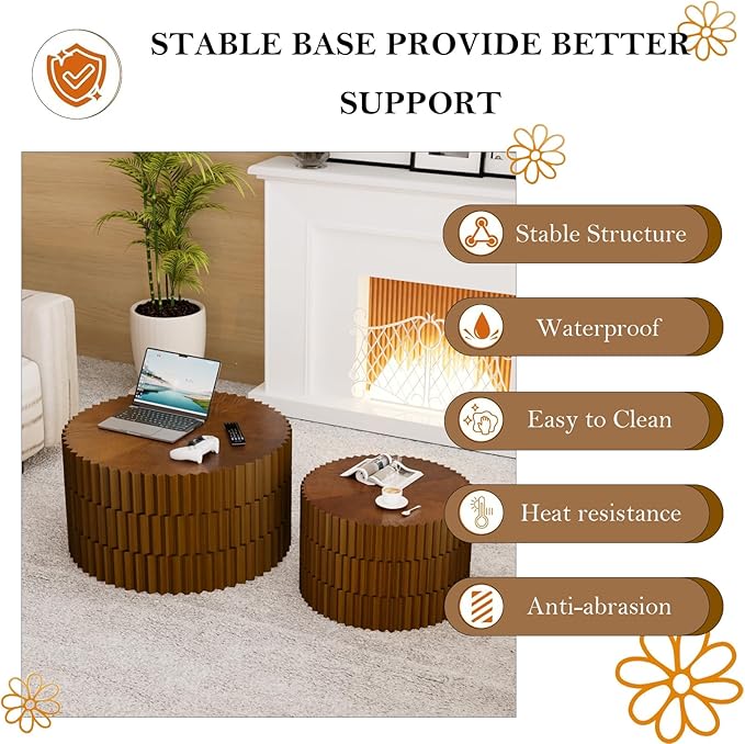 Round Nesting Tables - Handcraft Relief Veneered Walnut Fluted Circular Coffee Table Set of 2 with Non-Slip Bottom Pads for Living Room Balcony Bedroom Study (B 26.8+19.7in)