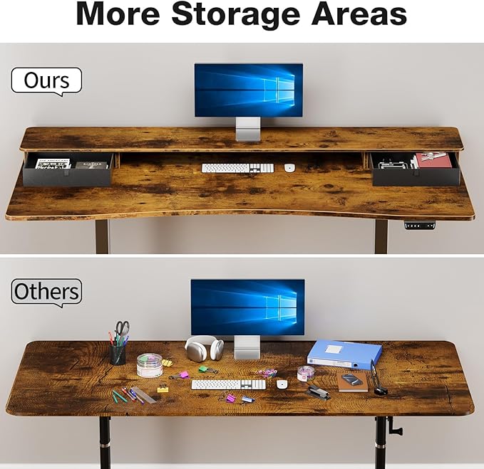 Veken 63"×27.6" Adjustable Standing Desk with Drawers, Ergonomic Computer Desk with Monitor Shelf, Home Office Desk for Work, Study, Gaming, Writing, Brown