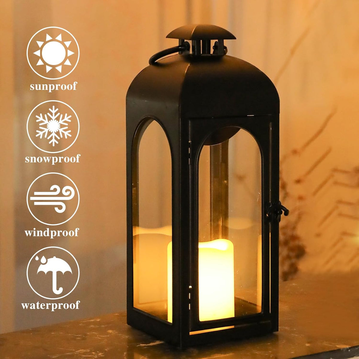 Bdor 2 Pack 16 Inches Metal and Tempered Glass Decorative Lantern with Electronic Wax Effect - Indoor/Outdoor Decorative Lighting, Handcrafted Aesthetic, Perfect for Home, Parties, and Holiday Decor