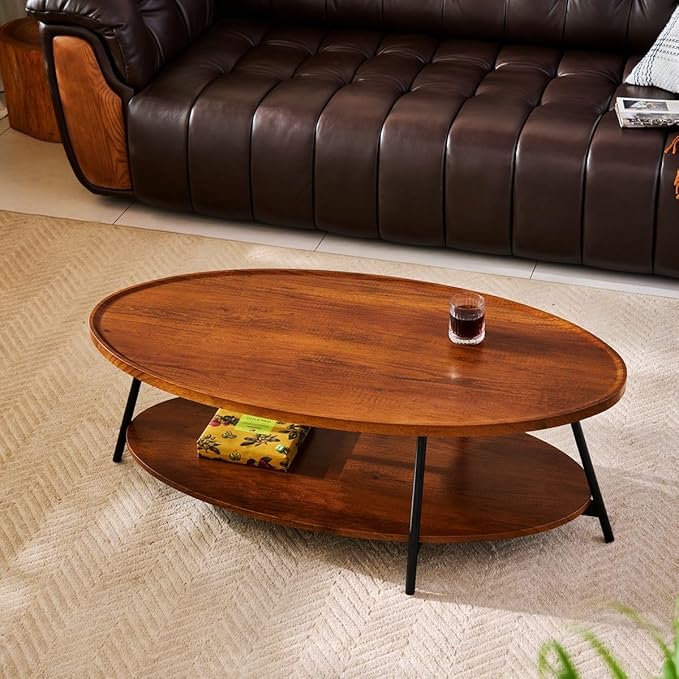 AGV Oval Coffee Table with Shelf Storage, 2-Tier Walnut Wood Finish Center Table for Living Room, Modern Asymmetrical Metal Legs, Raised Edge Sofa Table