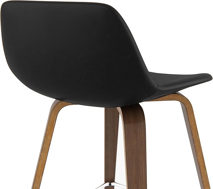 SIMPLIHOME Randolph Counter Stools (Set of 2) - 28 Inch Seat Height Upholstered Bentwood Kitchen Seats in Black Vegan Faux Leather, Mid Century Modern Seating with Curved Backrest and Chrome Footrest
