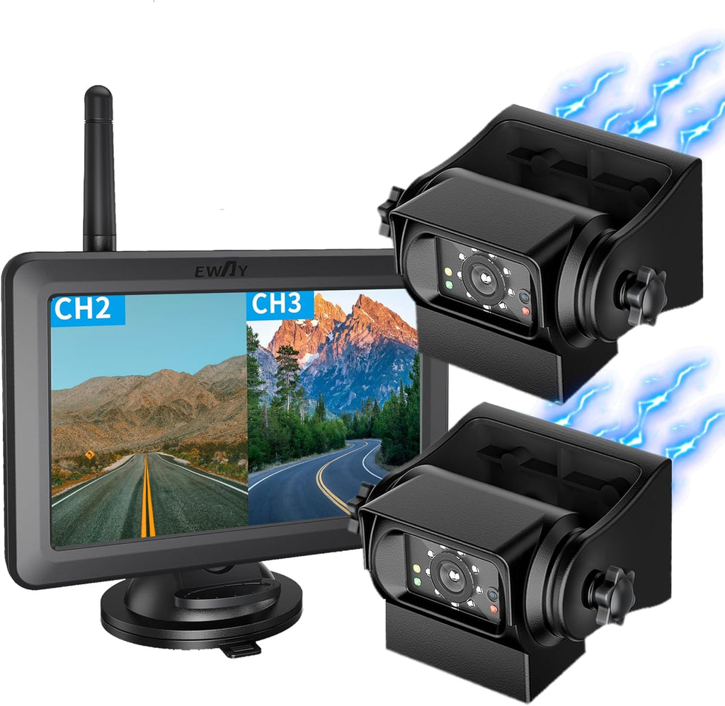 EWAY 2 Magnetic Wireless Backup Cameras HD1080P w/ 5" Split Screen Monitor Portable No Wiring Trailer Hitch IR Night Vision Rear View Camera for Truck Pickup RV Camper 5th Wheel Boat Horse Trailer