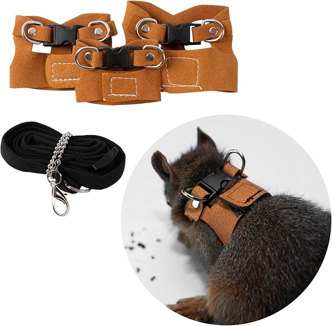 3Pcs Rat Harness and Leash, Small Animal Training Walking Vest Leash Adjustable Traction Rope Strap for Squirrel Gerbil Chinchilla Rat (Brown)