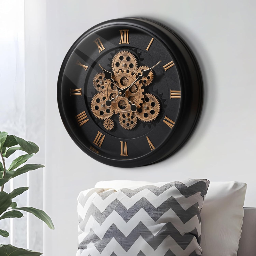 Maxstar Large Moving Gear Wall Clock,16" Vintage Mechanical Battery Operated Industrial Wall Clocks for Farmhouse Living Room,Home Office, Dinning Room, Kitchen, Steampunk Decor-Black,Roman Numeral