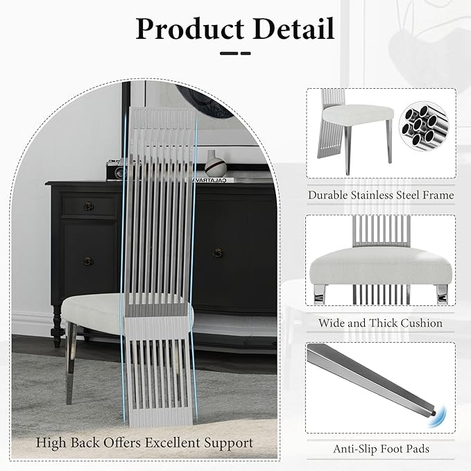 White and Silver Dining Chairs Set of 2, Upholstered High Back Dining Chairs with Mirrored Stainless Steel Backrest and Legs, Modern Luxury Dining Room Chair for Kitchen Living Room Restaurant