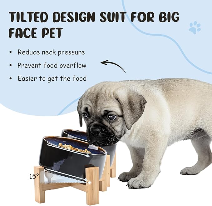 SPUNKYJUNKY 15° Slanted Ceramic Dog and Cat Bowl with Wooden Stand, Tilted Bulldog Food and Water Bowl No Slip Non-Spill for Cats Medium Dogs Big Face Pets 13.5 OZ (1.7 Cups, Starry Blue × 2)