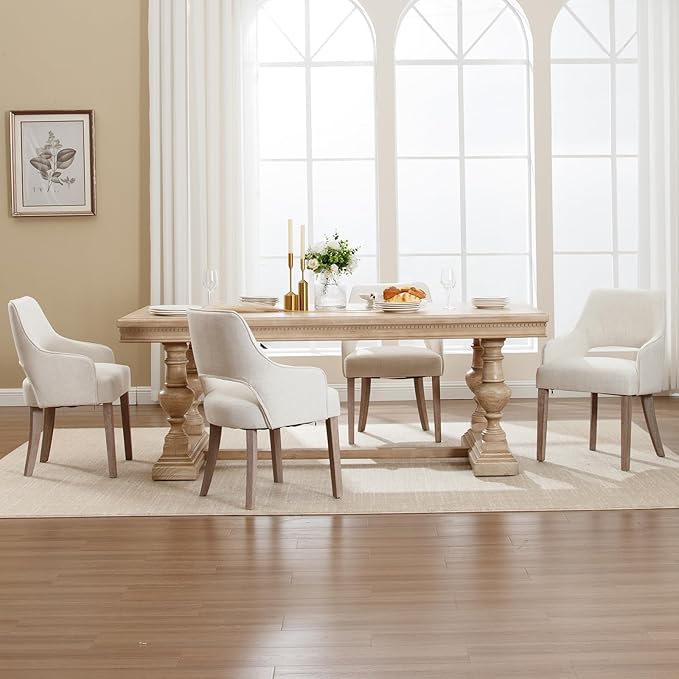 Farmhouse Dining Chairs Set of 2 Linen Kitchen Chairs with Arm Upholstered Accent Side Chair w/Wood Legs for Living Room/Dining Room/Bedroom/Restaurant, Upgraded Size, Cream