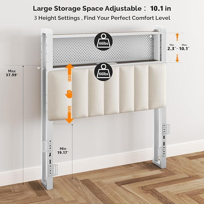 VINGLI Twin or Twin XL Size Headboard, Adjustable Upholstered Headboard with 2 Tier Shelves and Pegboard with Charging Stations and LED Lights, Modern Bed Headboard with Storage for Bedroom Decor