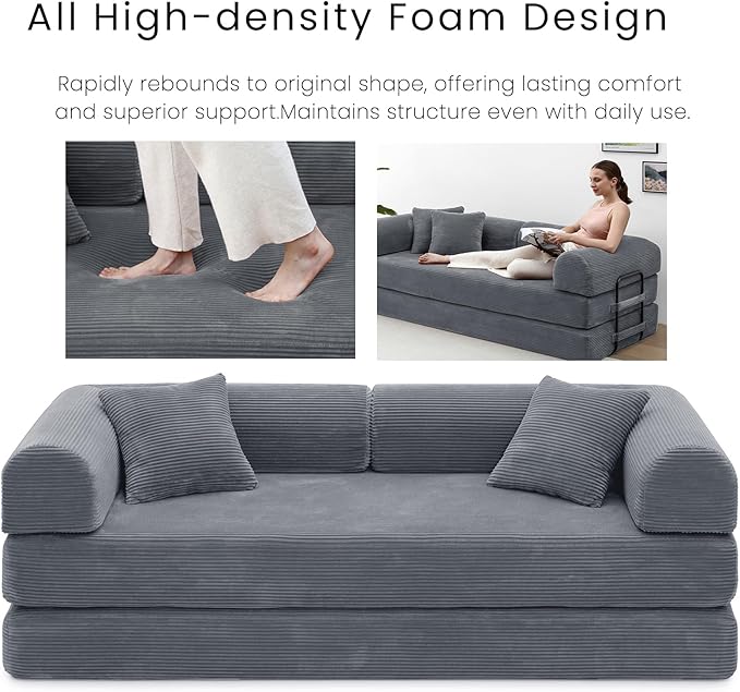 Compression Sofa - 79'' Convertible Sofa Bed, Boneless Couch in a Box, Modular Corduroy Foldable Sleeper Sofa with 2 Pillows, Loveseat Couches for Living Room (Corduroy Fabric, Dark Grey)