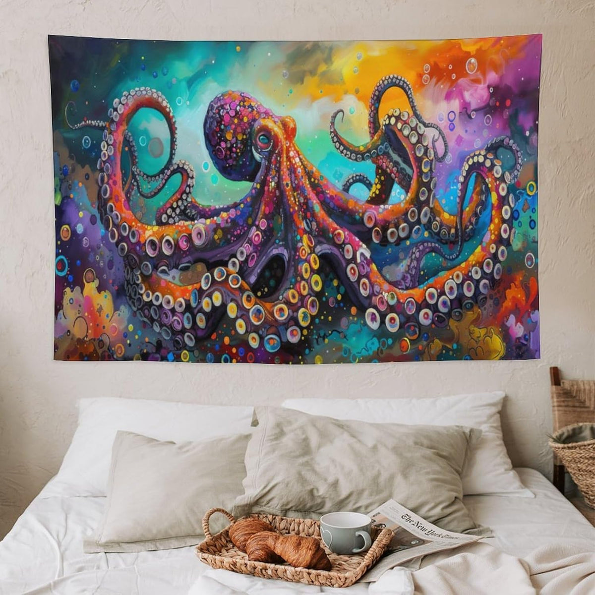 Octopus Tapestry Octopus Tapestries Ocean Navy Coastal Fabric Wall Hanging Aesthetic Space Indoor Outdoor Wall Art Tablecloth Bedspread for Bedroom Dormitory Living Room Home Decor 40"x60"