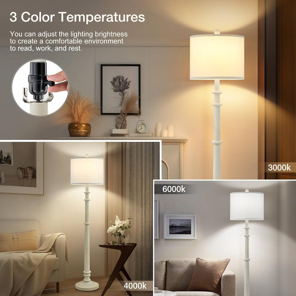 Floor Lamps for Living Room - 60" Resin Farmhouse Floor Lamp with 3 Color Temperatures - Vintage Standing Lamp Reading Light with Linen Shade Retro Tall Lamp for Bedroom Office, Almond White