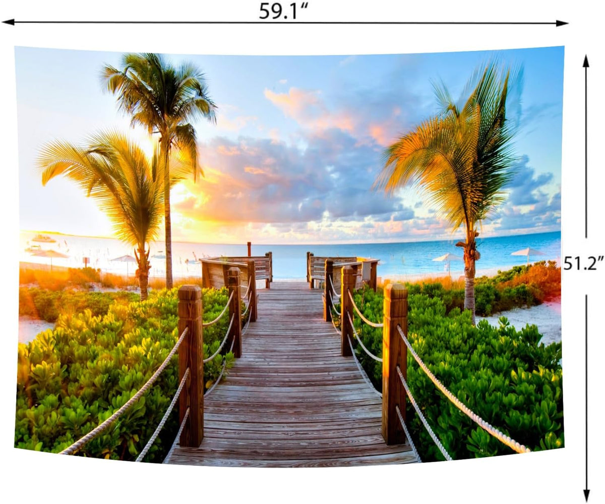 Delur Beach Sunset Tapestry Tropical Seaside Palm Tree Coastal Tapestry Wall Hanging Sunrise Nature Landscape Scenic Psychedelic Headboard for Bedroom Living Room Home Decor (51.2" x 59.1")