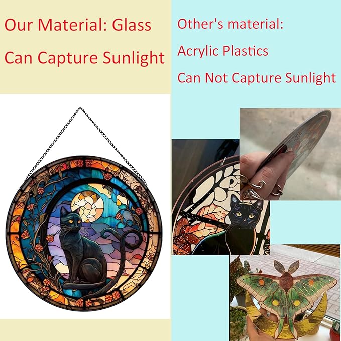 Black Cat Stained Glass Window Hangings,Suncatcher Stained Glass for Windows for Cat Lovers,20cm/7.87inch Hand-Painted Sun Catcher Garden Hangings Halloween Fall Christmas Decor for Home