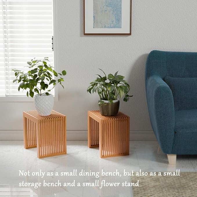 Small Bamboo Dining Bench, 17inch Farmhouse Decor Indoor Kitchen Table Bench, Entryway Shoe Rack Bench, Outdoor Bench, Solid Bamboo Benches for Living Room, Hallway, Bedroom, Bathroom