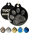 Engraved Pet Tag for Dogs and Cats - Personalized Front & Back up to 4 Lines of Text Custom Engraved ID, Round Paw Print Solid Plating Stainless Steel Black Regular