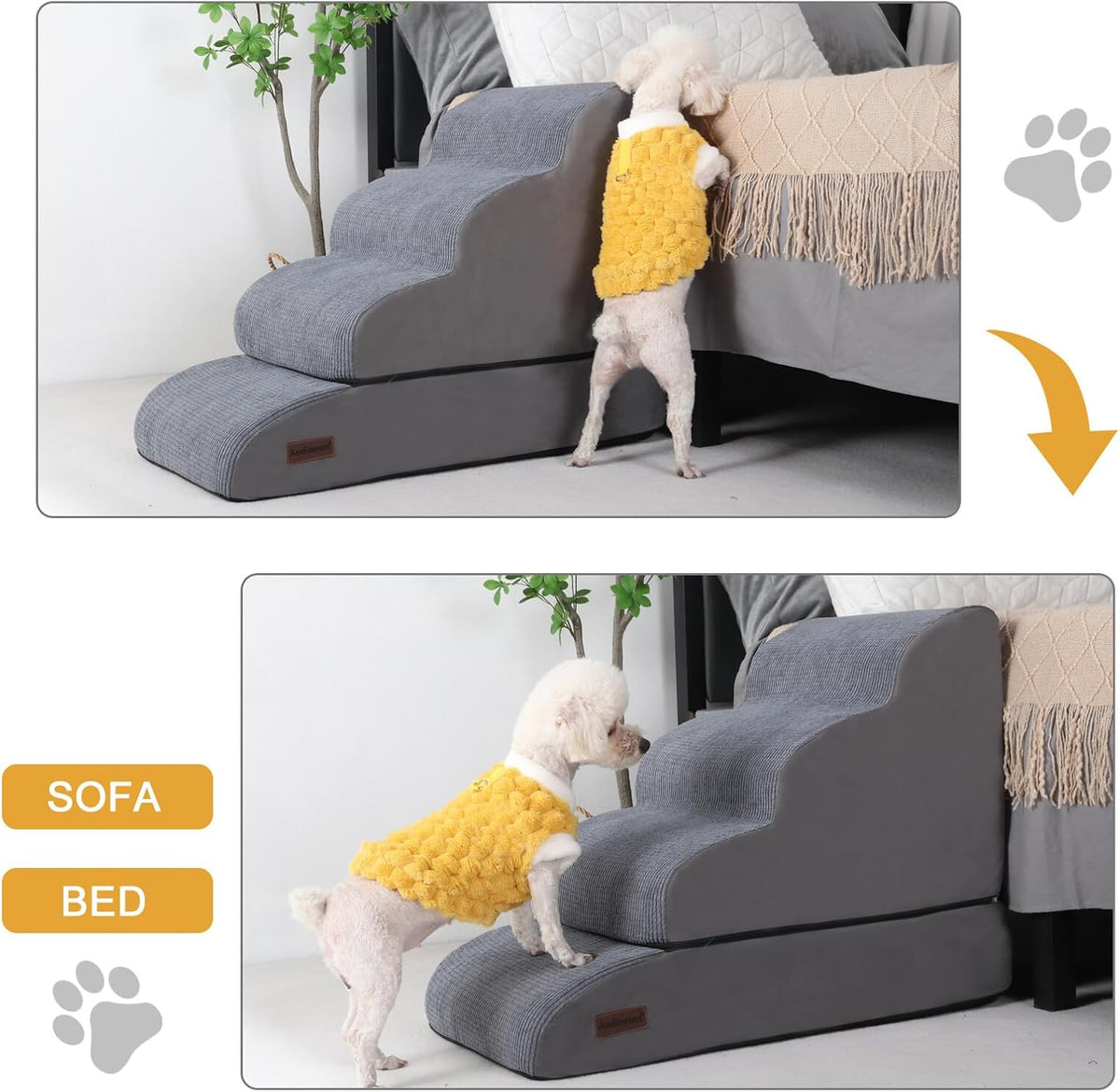 4-Step Dog Stairs and Ramp for Beds or Couches – Non-Slip Sturdy Pet Steps for Small Dogs and Cats,21" H,Grey