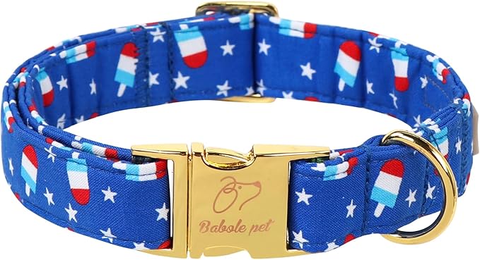 4th of July Dog Collar, Blue Flag Popsicle Patriotic Pet Collar with Metal Buckel, Adjustable Summer Holiday Dog Collars for Small Medium Large Dogs L