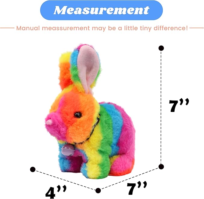 Hopearl Hopping Rabbit with Bell Interactive Electronic Pet Plush Bunny Toy with Sounds and Movements Animated Walking Wiggle Ears Twitch Nose Gift for Toddlers Birthday, Rainbow, 7''