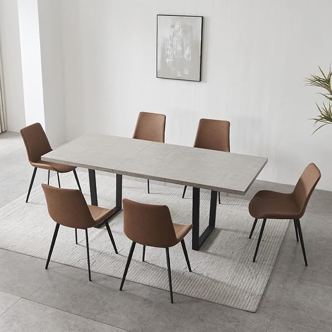ZckyCine Modern Mid-Century Extendable Dining Table Set for 6-8 People | Expandable 51"-67" Wood Kitchen Table + 6 Upholstered Chairs | Stylish & Space-Saving Dining Room Furniture