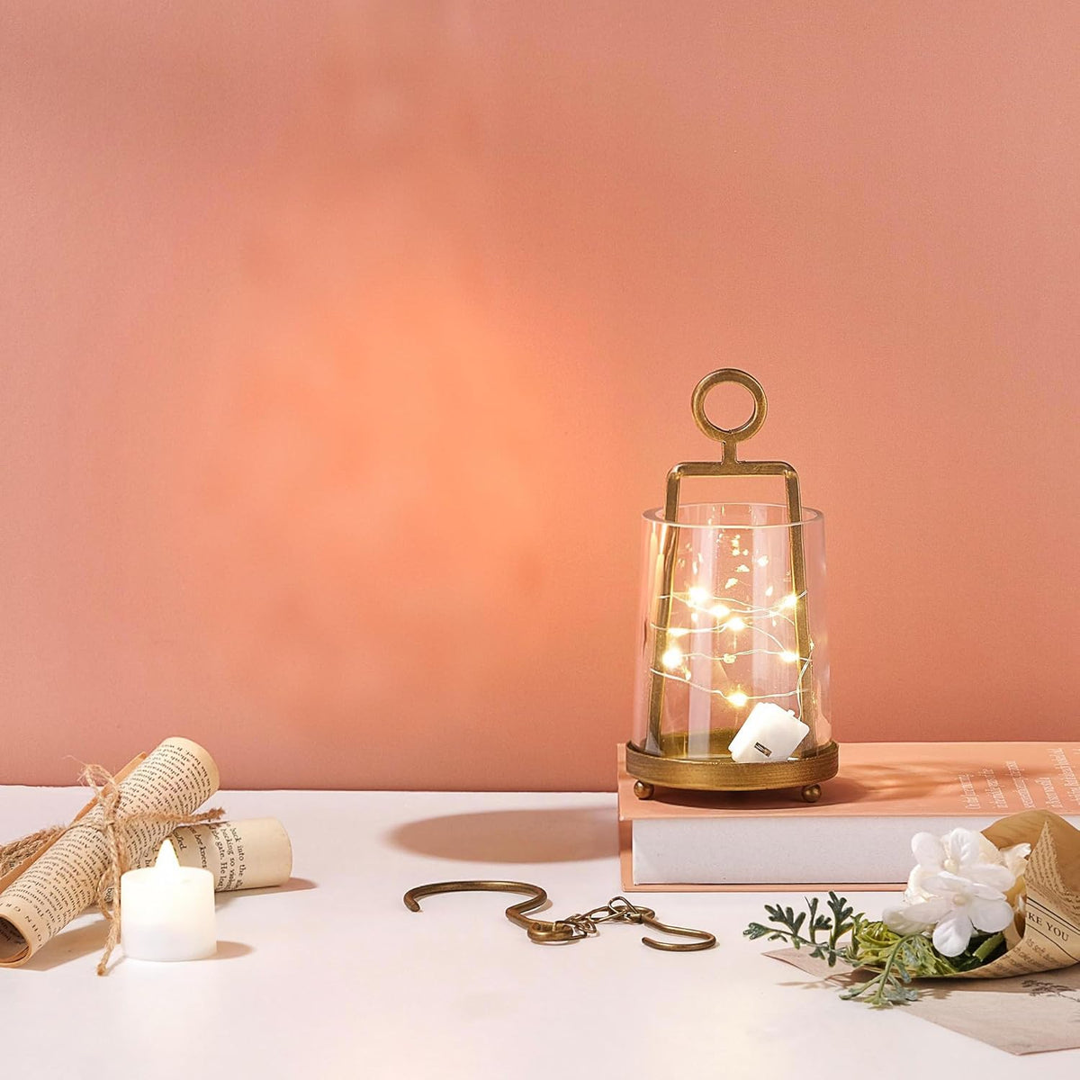 3'3" Wide Modern Metal Hurricane Lantern with Handmade Sturdy Glass Sleeve in Brass for Tealight Candle & Plants, Farmhouse Hurricane Industrial, Minimalistic, Shabby Chic (1, Brass, 3.3"x5.2")