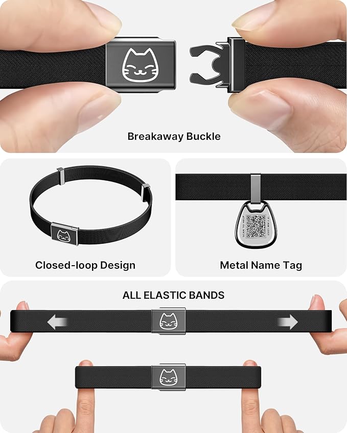 Cat Collar with QR Code Name Tag, Breakaway Kitten Collar for Boy & Girl Cats, Ultra Soft Elastic Adjustable Band, Safety Break Away Buckle, Comfortable & Secure Pet ID Collar (6"-12"), Black