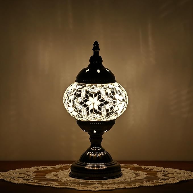 Turkish Moroccan Table Lamp Lantern with Handmade Mosaic Glass Lampshade Tiffany Style Bohemian Stained Glass Decorative Desk Lamps Bedside Night Lights for Bedroom (White 2)