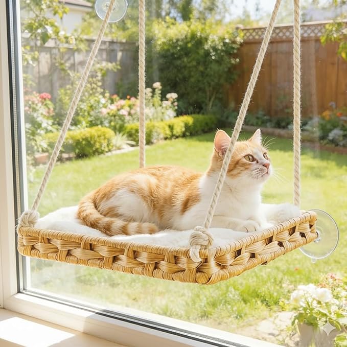 Cat Window Perch with 4 Strong Suction Cups,PE Rattan Basket Hammock with Soft Washable Plush Cushion,Cozy Hammock Perches for Large Indoor Cats Kittens Sunbathing Bird Watching