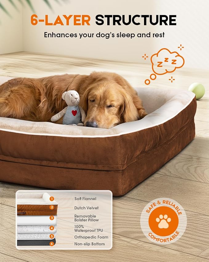 Upvilla Orthopedic Dog Bed XXL, Four-Sided Dog Sofa, Washable Cover, Brown | Removable Waterproof Dog Bed Cover, Egg-Crate Orthopedic Foam, Built-In Carry Handle, Indoor Large Pet Beds, Cat Beds