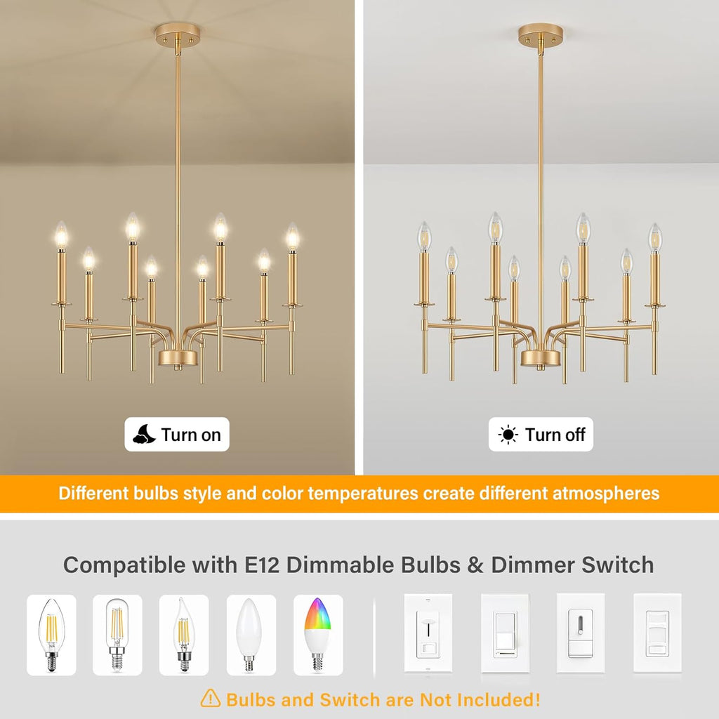 8 Light Gold Chandelier Light Fixture, Modern Farmhouse Chandeliers for Dining Room Light Fixture, Metal Candle Pendant Chandelier for Foyer Entryway Stairs Living Room Bedroom Kitchen