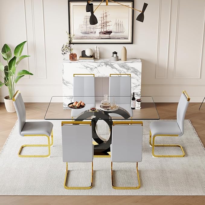 63'' Glass Dining Table Set for 6, Kitchen Table Chairs Set of 6, Clear Glass Dining Table with Black unique design Leg and Gold Metal Base, 6 PU Dining Chairs with Metal Legs, Living Room, Kitchen.